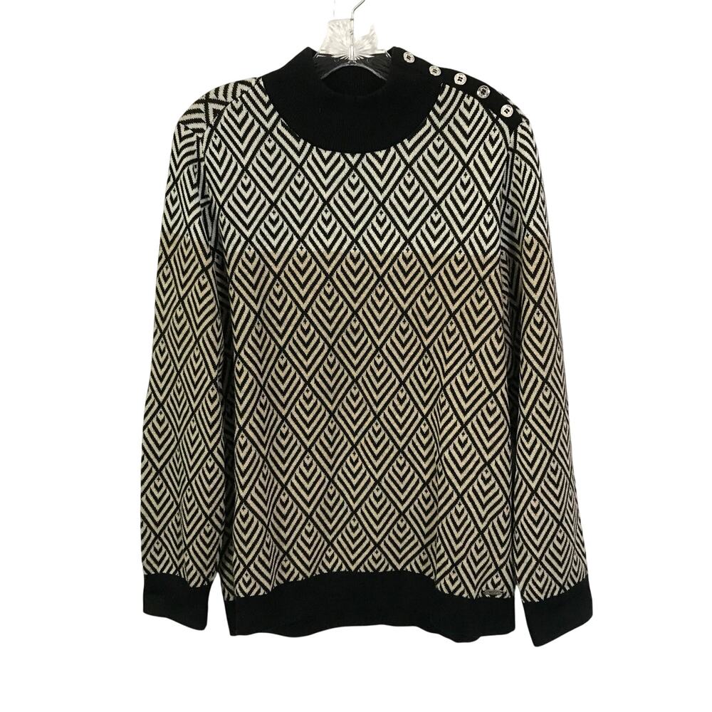 Calvin Klein Sweater Large Womens Black Cream Geometric Pattern Textured Knit